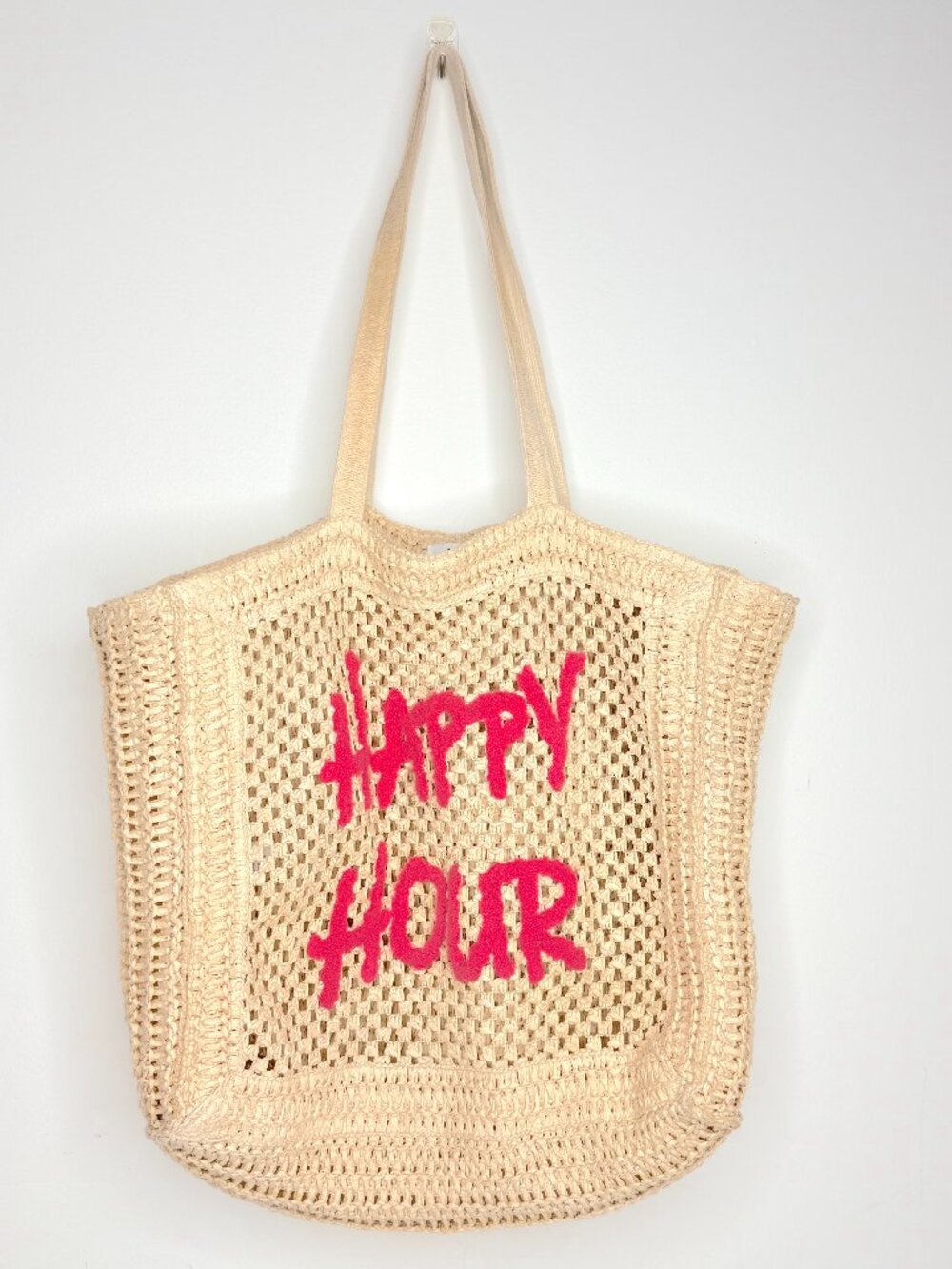 Happy Hour Summer Beach Vacation Woven Straw Jute Lightweight Open Shoulder Tote